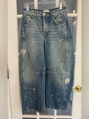 FREE PEOPLE WE THE FREE Women’s Splatter Detail Good Luck Mid Rise Barrel Jeans
